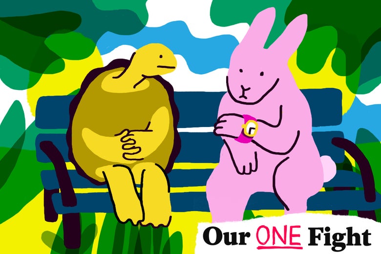 Slow Patient Turtle and Fast Impatient Rabbit (looking at watch) talking on a park bench.